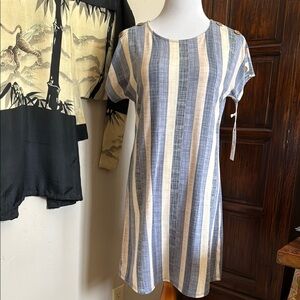 Chic Blue and Beige Striped Dress with Button Accents